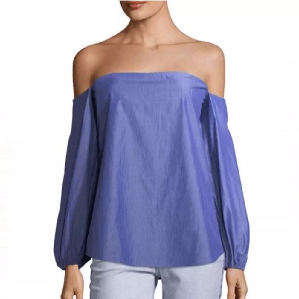 Theory Off-Shoulder Long Sleeve Blouse in Periwinkle Blue